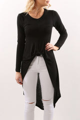 Round Neck Long Sleeve Asymmetrical Hem T-Shirts