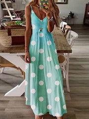 Women v neck wave point printed sleeveless maxi dresses