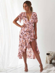 Women fashion Printed Short Sleeve Skater Iregular Hem Skater Dresses