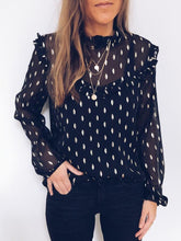 Black High collar leaf printed Woman Sexy Blouses