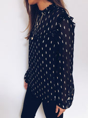Black High collar leaf printed Woman Sexy Blouses