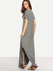 Rolled-Cuff Pockets Side Split Curved Dress