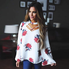 Cutout Long sleeve Floral T-Shirts