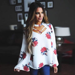 Cutout Long sleeve Floral T-Shirts