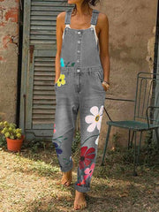 Women denim button flower printed long pants jumpsuits