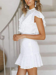 Sexy Lace Openwork Embroidered Lace Stitching Sleeveless Ruffled Dress