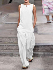 Casual Cotton Linen Lady Plain Jumpsuits