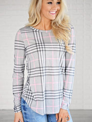 Round Neck Plaids Long Sleeve Casual T-Shirts