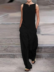 Casual Cotton Linen Lady Plain Jumpsuits