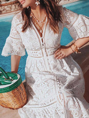 Women fashion lace v neck maxi dresses