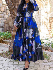 Fashion floral printed a-linen women long sleeve maxi dresses