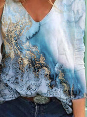Blue Printed V Neck Shift Casual Holiday Long Sleeve Shirts & Tops