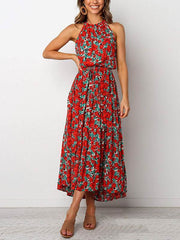 Bohemia printed women band neck long vacation dresses