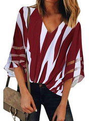 V-neck Mesh Fared Sleeve Stripe T-shirt