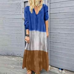 Women Spliced Long Sleeve V-Neck Maxi Dresses