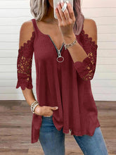 Zipper off shoulder lace women T-shirts