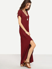 Rolled-Cuff Pockets Side Split Curved Dress