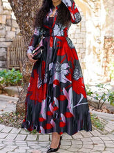 Fashion floral printed a-linen women long sleeve maxi dresses
