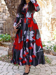 Fashion floral printed a-linen women long sleeve maxi dresses
