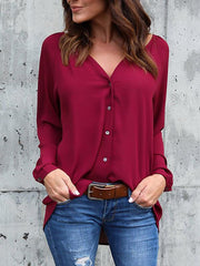 V-neck plain button long-sleeve loose chiffon T-shirt