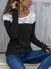Round Neck Lace Patchwork Plain T-Shirts