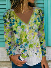 Vintage Floral Leaves Printed V Neck Long Sleeve Plus Size Casual Tops