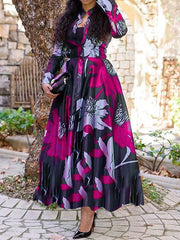Fashion floral printed a-linen women long sleeve maxi dresses
