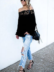 Black Spun Rayon Sexy Open Shoulder Lace Stitching Long Sleeve Blouses