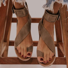 Women Toe Ring Flat Heel PU Gladiator Sandals
