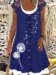 Loose Round neck buttoned short sleeve printed mini dresses for women