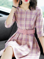 Contrast Plaids O-Neck Half Sleeves Midi A-Line Shift Dresses
