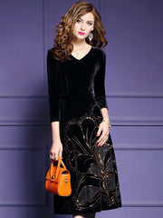 Black Printing Zipper V-Neck Long Sleeves Midi A-Line Maxi Dresses For Autumn