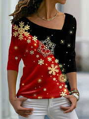 Women snow printed irregular long sleeve T-shirts