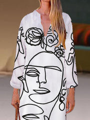 White Long Sleeve Printed V Neck Shift Dress