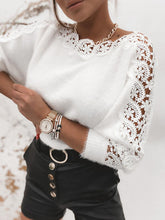 Sexy V-neck lace stitching solid color long-sleeved sweaters