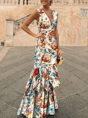 Chic V neck Bohemia Flower Printed Elegant Women Evening Dresses