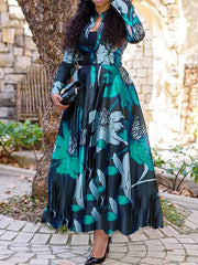 Fashion floral printed a-linen women long sleeve maxi dresses