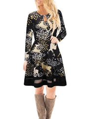 Christmas Women Long sleeve Fioral Santa Claus Skater Dresses
