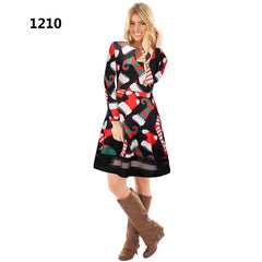 Christmas Women Long sleeve Fioral Santa Claus Skater Dresses