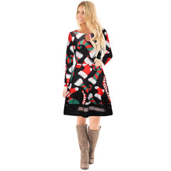 Christmas Women Long sleeve Fioral Santa Claus Skater Dresses
