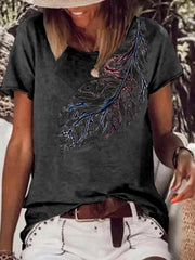 Round neck short sleeve leaf printed T-shirts