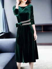 Beaded Side Slit Velvet Elegant Solid Dress