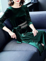 Beaded Side Slit Velvet Elegant Solid Dress
