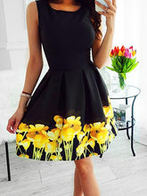 Sexy Elegant round neck sleeveless print dress high waist skater dresses