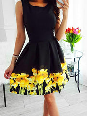Sexy Elegant round neck sleeveless print dress high waist skater dresses