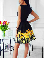 Sexy Elegant round neck sleeveless print dress high waist skater dresses