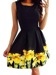 Sexy Elegant round neck sleeveless print dress high waist skater dresses