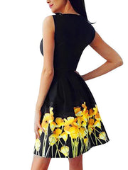 Sexy Elegant round neck sleeveless print dress high waist skater dresses