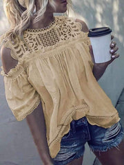Decorative Lace Patchwork Lace Plain Off Shlouder Blouses