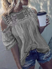 Decorative Lace Patchwork Lace Plain Off Shlouder Blouses